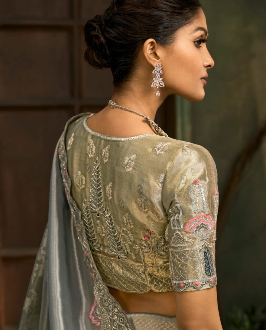 BLUE - Steel Grey and Sage Green Handwork Pure Silk Designer Saree